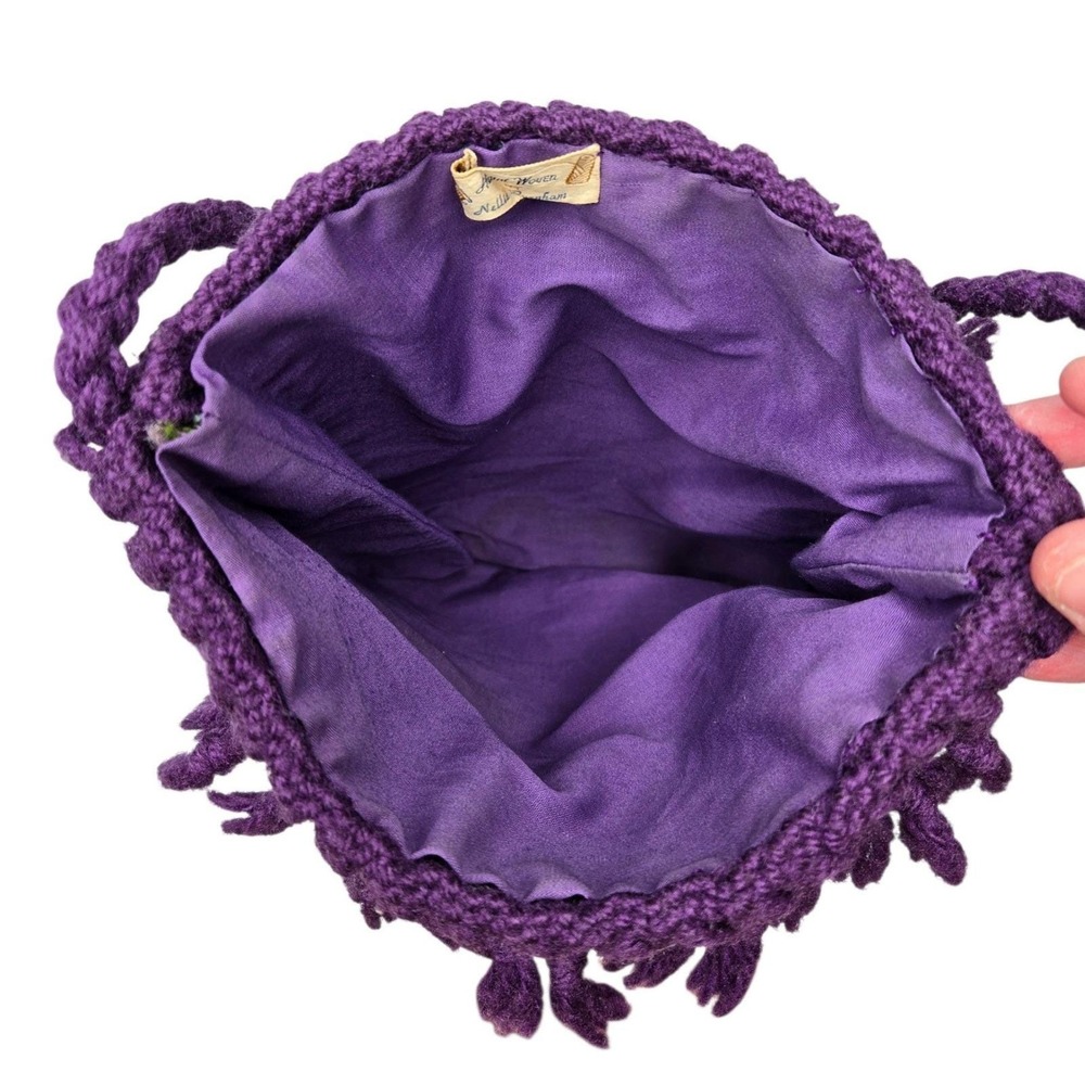 Vintage Hand Woven Purple Yarn Fringe Bag Nellie Burnham Boho Textile Purse 70s - Picture 9 of 14